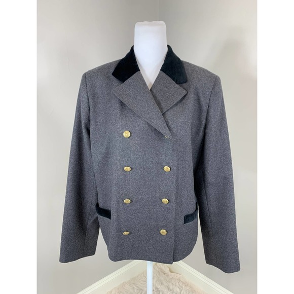 Vintage 90s Gray Wool Black Velvet Military Blazer SteamPunk Goth Fall Winter - Picture 2 of 10